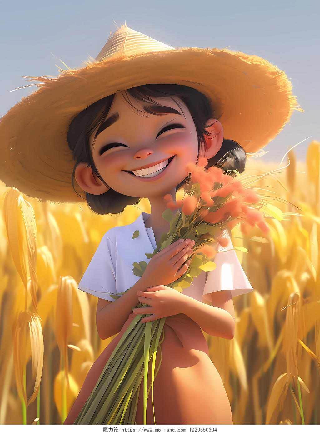 芒种皮克斯风格儿童在田间手抱鲜花的快乐场景